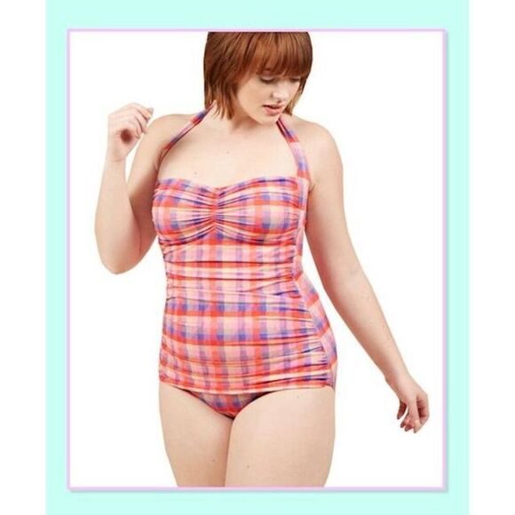 Girlhowdy Women’s Retro Pinup Inspired Multicolor Gingham Plaid One Piece Swimsu - Picture 13 of 15